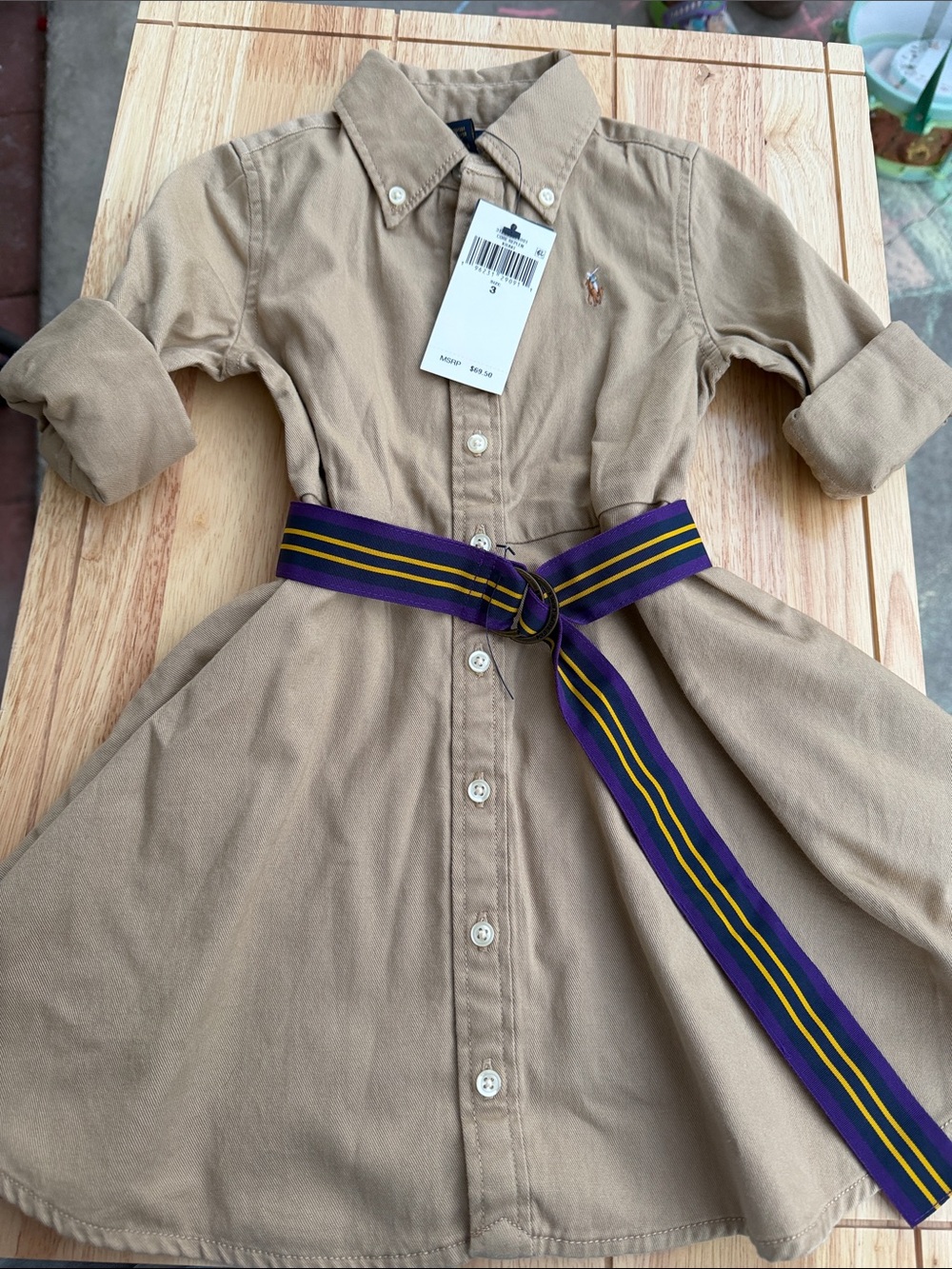 Ralph Lauren Tan Button-Front Shirt Dress with Purple & Yellow Striped Belt
